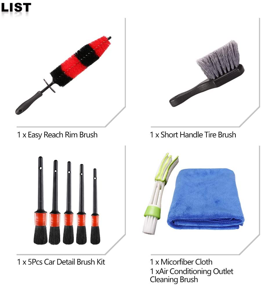 SPTA 9Pcs Wheel & Tire Brush Car Detailing kit, Easy Reach Wheel and Rim Brush, 5pcs Detailing Brushes, Short Handle Cleaning Brush, 1pc Microfiber Cleaning Cloth, Great to Clean Dirty Tires