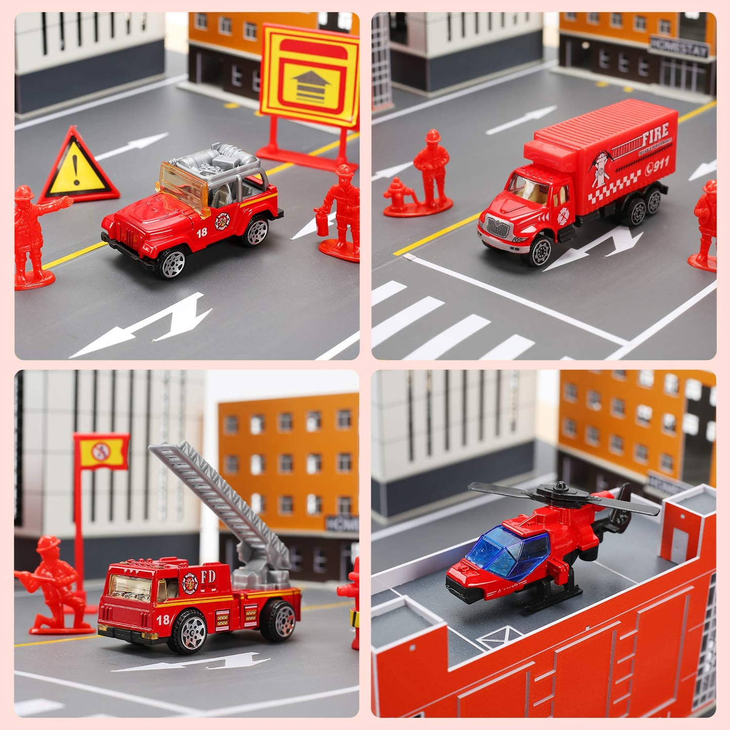 28 in 1 Fire Trucks with Sound and Light, Friction Powered Cars with 10 Mini Firetrucks, Rescue Emergency Double Side Carrier Truck Set Birthday Gift for Boys, Girls, Toddlers Kids Age 3+