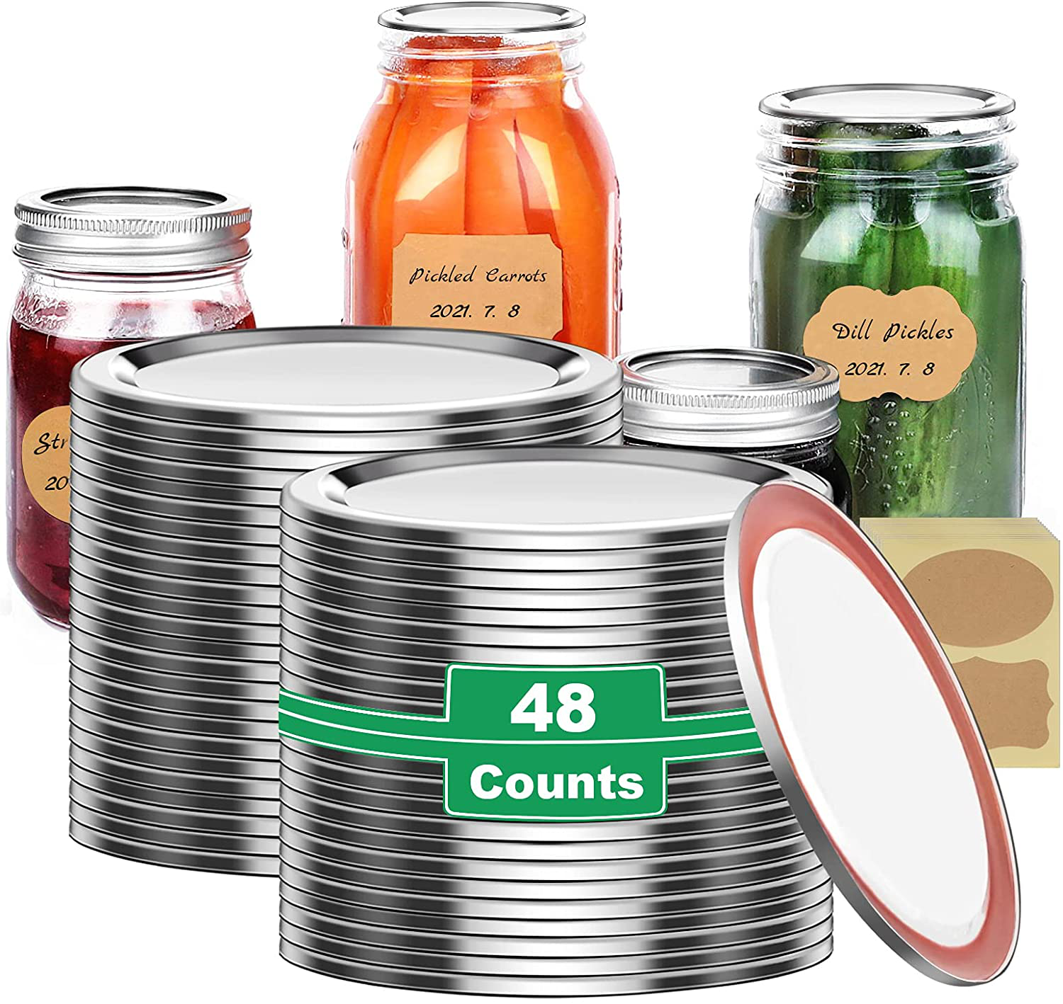 Regular Canning Lids Only, 48-Count Regular Mouth Canning Lids for Mason Quart Pint Bell Jar Lids - Split-Type Metal Ball Canning Lids Regular - Food Grade Material (70mm, Silver, 24pcs label )