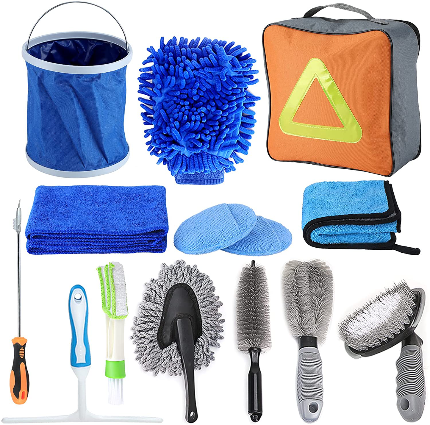 YOMIKI Car Wash Kit, Car Cleaning Tools Set Car Detailing Kit with Collapsible Bucket Wash Mitt Drying Towels Tire Brush Window Scraper Duster for Exterior Car Washing and Car Interior Cleaning
