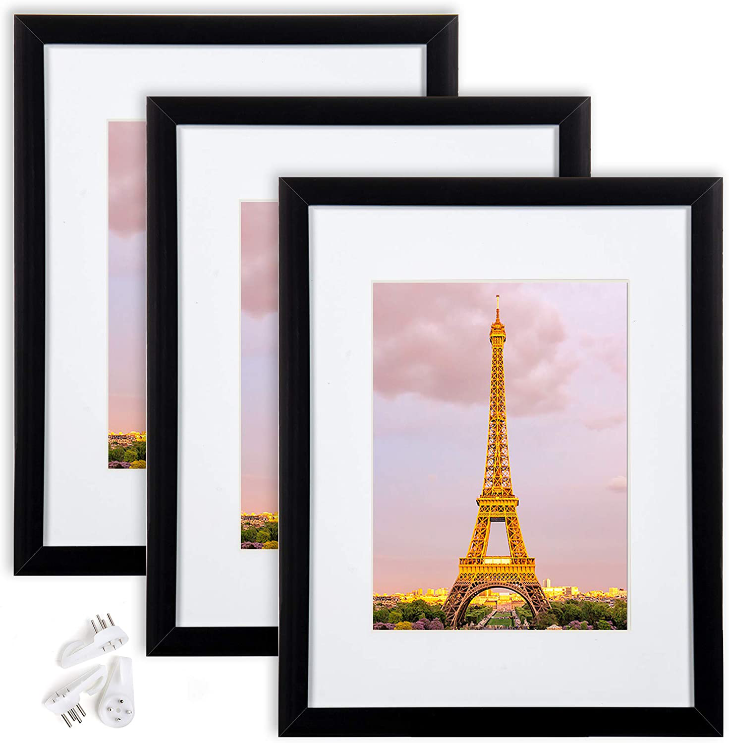 upsimples 9x12 Picture Frame Set of 3,Made of High Definition Glass for 6x8 with Mat or 9x12 Without Mat,Wall Mounting Photo Frame Black