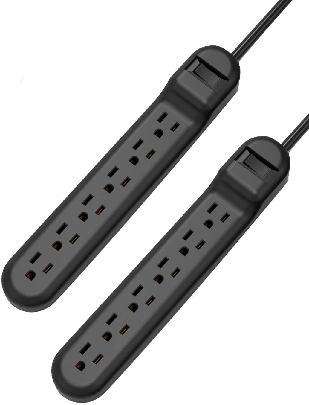 Pack of 2 Black Surge Protector with 6 Outlets, 2.5-Foot Flat Plug Extension Cord Power Strip, 500 Joule, Multiple Protection Outlet Strip for Home, Office, Travel, School