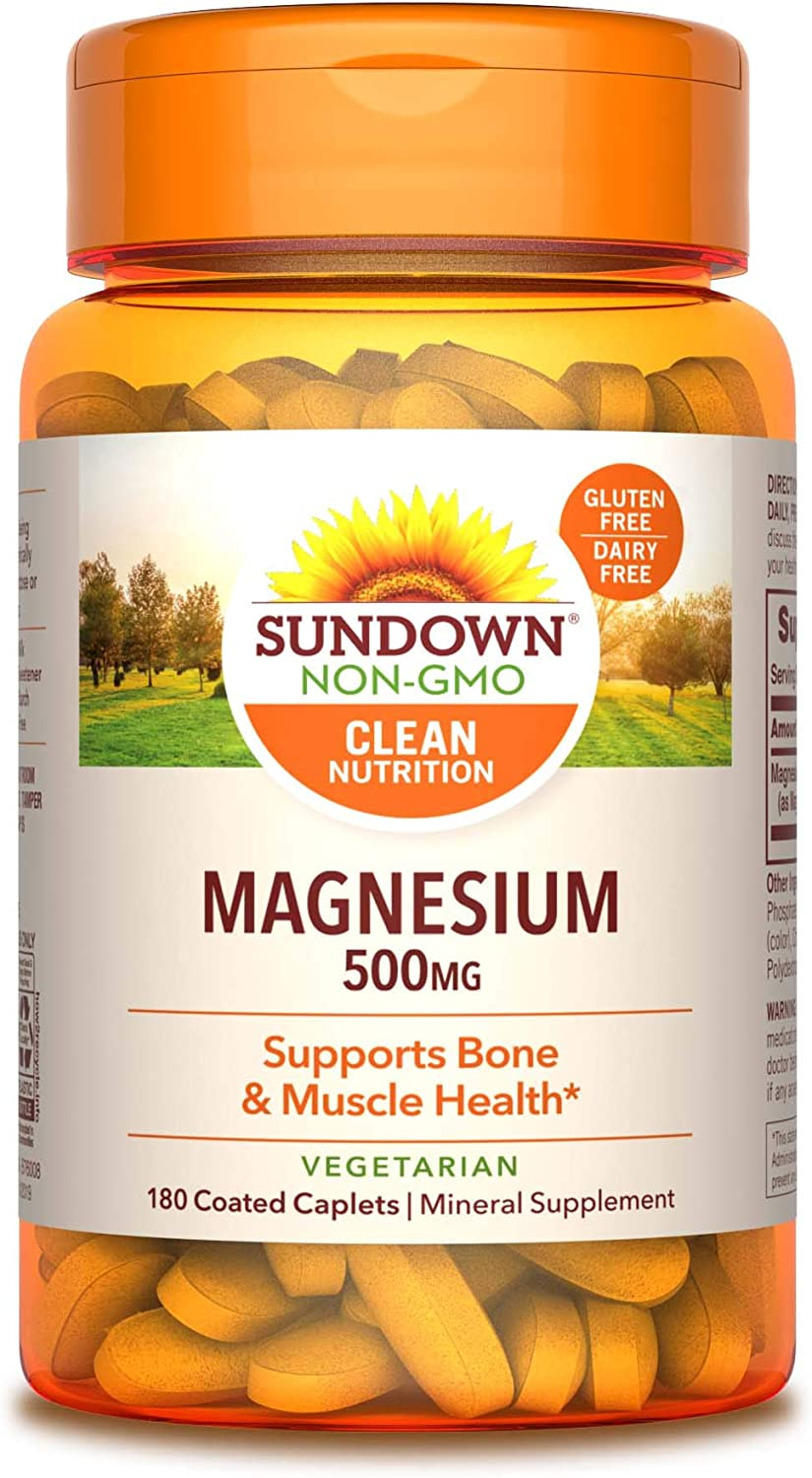 Sundown Magnesium Supplement, Non-Gmo, Gluten-Free, Dairy-Free, Vegetarian, 500Mg Coated Caplets, 180 Count, 6 Month Supply