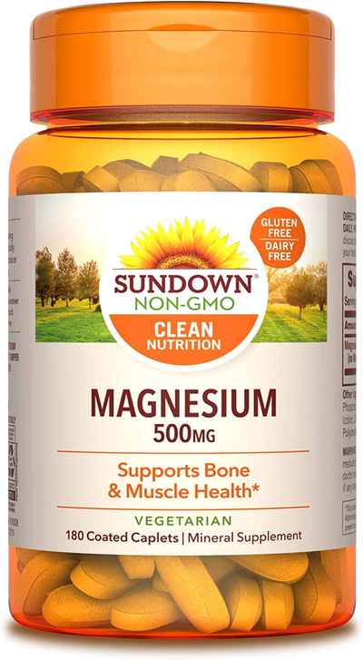Sundown Magnesium Supplement, Non-Gmo, Gluten-Free, Dairy-Free, Vegetarian, 500Mg Coated Caplets, 180 Count, 6 Month Supply