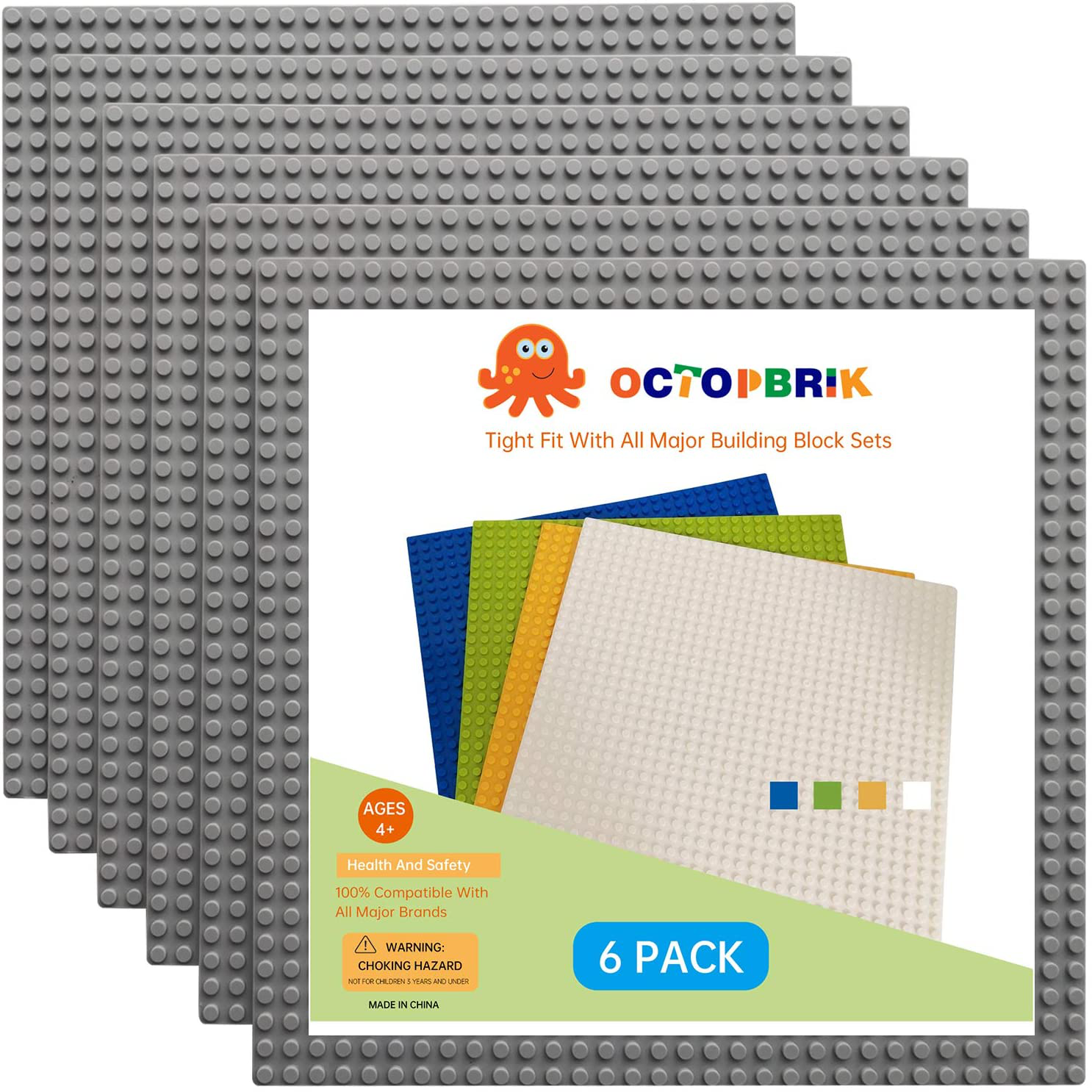 Octopbrik 6PCS Classic Baseplates, 10X10 Inches Base Plates, Compatible with Major Brands, 32X32 Pegs Large Platforms Accessory for Building Brick, Activity Table, and Displaying Toys (Multicolored)