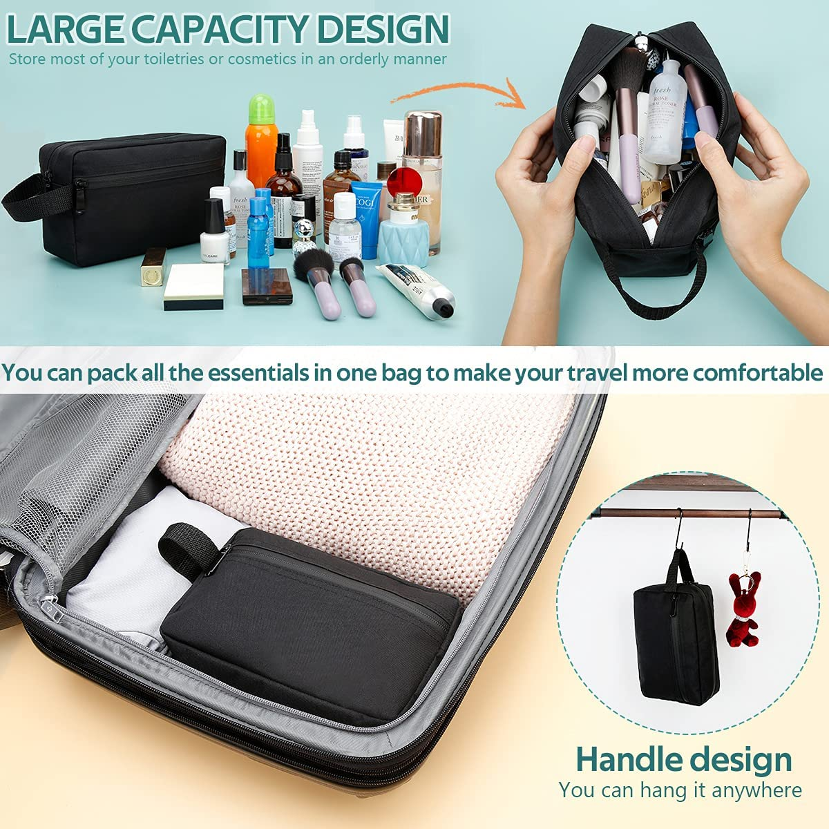 Travel Toiletry Bag for Women and Men, Water-Resistant Shaving Bag for Toiletries Accessories, Foldable Storage Bags with Divider and Handle for Cosmetics Toiletries Brushes Tools (Black)