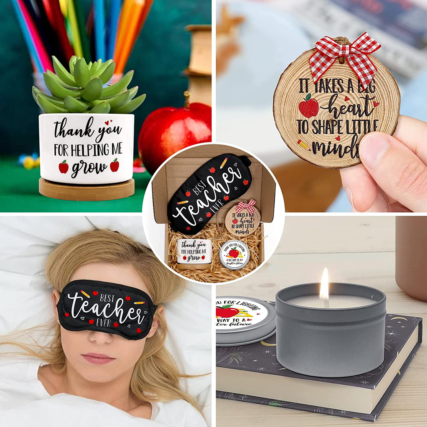 Teacher Appreciation Gift Basket Birthday Christmas Gift Box for Master Tutor Mr. Mrs with Holiday Ornament Patch Succulent Plant Pot Greeting Card Apple Candle Present Idea from Student Set of 4