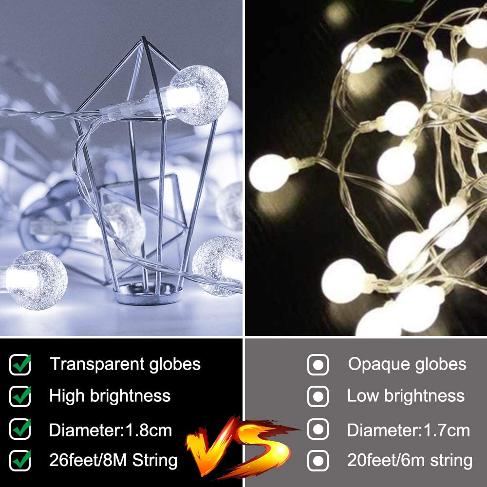 Metaku Globe String Lights Fairy Lights Battery Operated 26ft 60LED String Lights with Remote Waterproof Indoor Outdoor Hanging Lights Decorative Christmas Lights for Home Party Patio Garden Wedding