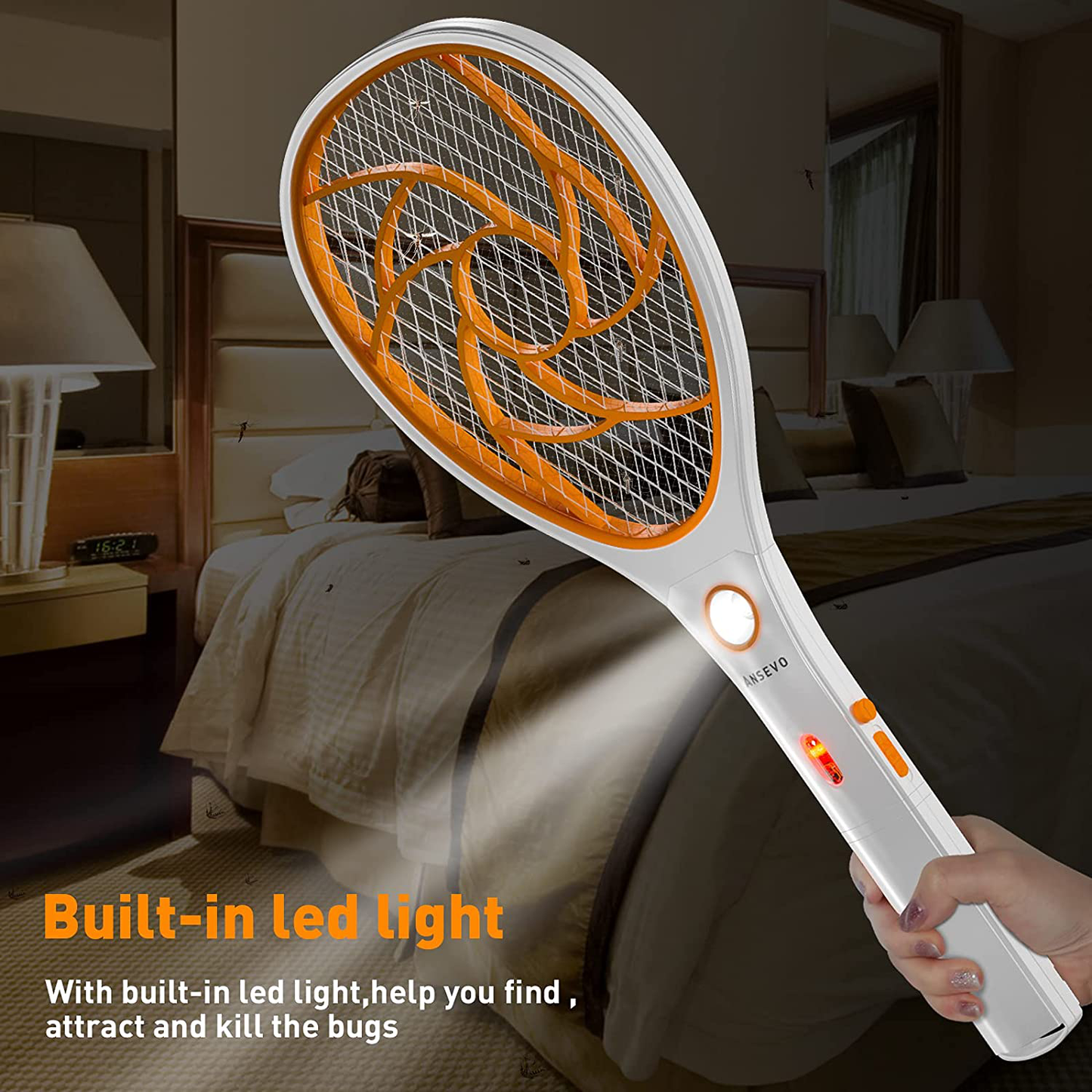 ANSEVO Bug Zapper Racket Electric Fly Swatter Electronic Mosquito Killer Removable Handle with USB Charging LED Lighting 3-Layer Protection for Indoor and Outdoor -Kill Insects, Gnats（Yellow）