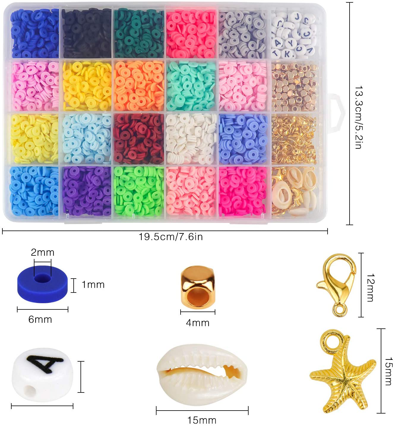 Zoyomax 4000 Pcs Clay Beads 6mm 20 Colors Flat Round Polymer Clay Spacer Beads with Pendant Charms Kit and 4 Roll Elastic Strings
