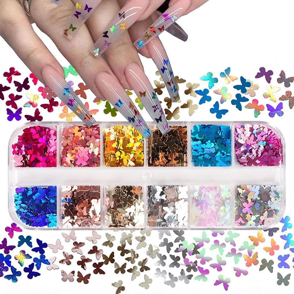 CAVAD Butterfly Nail Art Glitter Sequins 12 Colors 3D Holographic Butterfly Nail Decals Flakes for Acrylic Nails Manicure Paillettes Ultrathin Glitters Nail Art Supplies for Women Nail Art Decoration