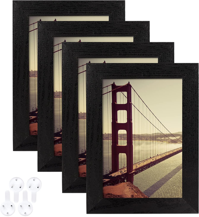 BAIJIALI 4x6 Picture Frame Black Wood Pattern Set of 4 with Tempered Glass,Display Pictures 3.5x5 with Mat or 4x6 Without Mat, Horizontal and Vertical Formats for Wall and Table Mounting