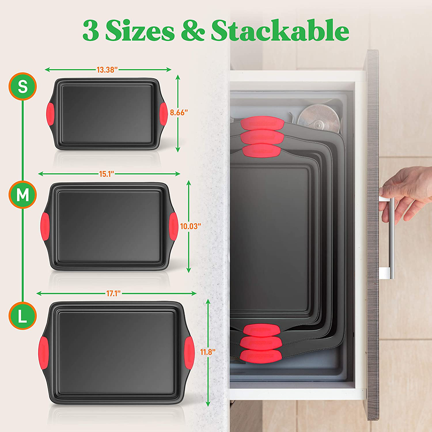 Nutrichef 10-Piece Carbon Steel Nonstick Bakeware Baking Tray Set w/Heat Red Silicone Handles, Oven Safe, Cookie Sheet