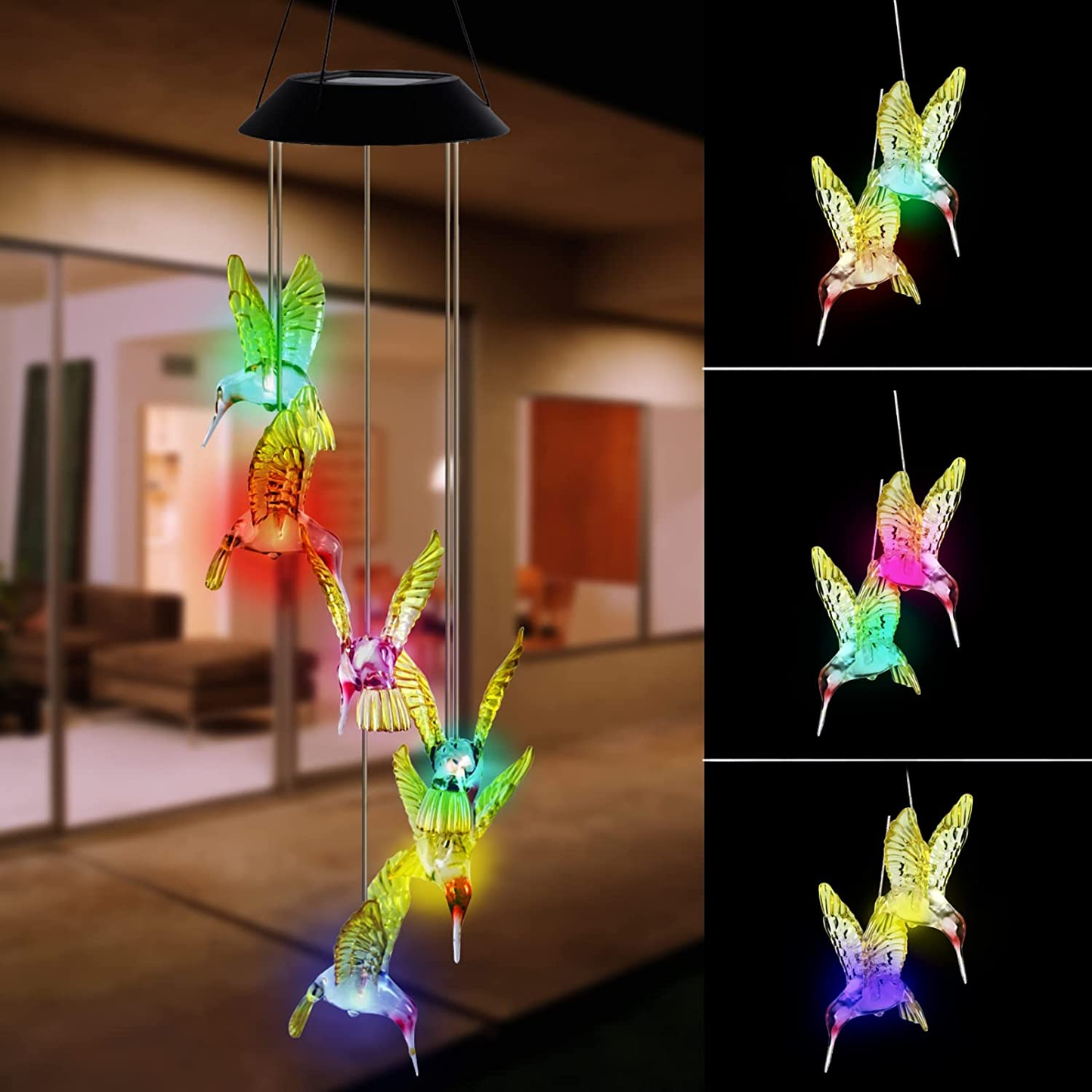 LED Solar Hummingbird Wind Chime, 25" Mobile Hanging Wind Chime for Home Garden Decoration, Automatic Light Changing Color(Hummingbird)
