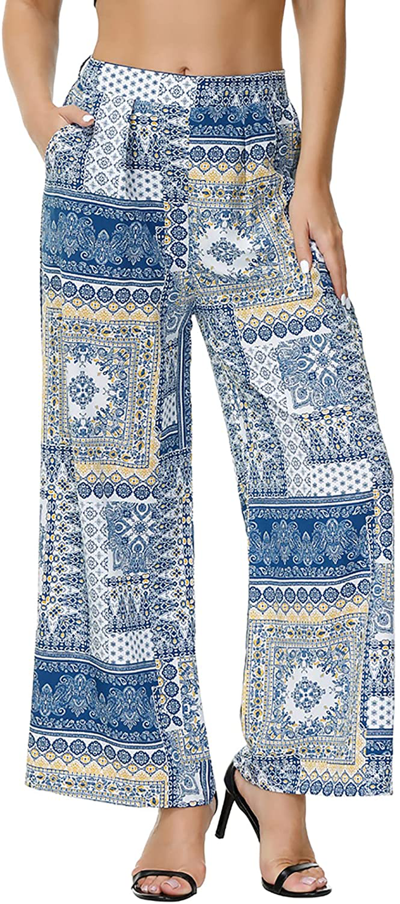 Zexxxy Womens Paisley Printed Wide Leg Pants Elastic Waist Casual Trousers with Pockets Loose Comfy Bottoms