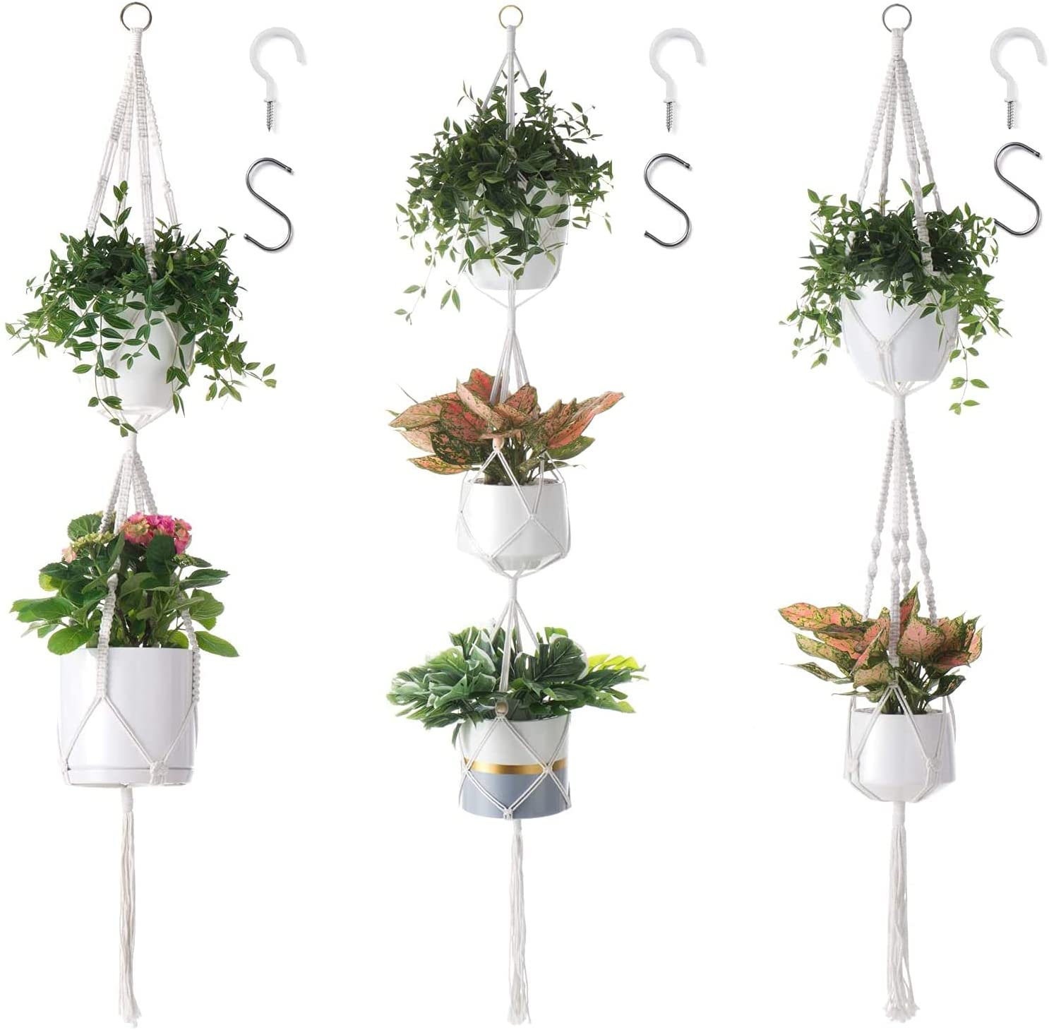 Set of Indoor Hanging Planter Basket with Hooks Handmade Cotton Rope Flower Pot Holder for Indoor Outdoor Home Decor with 6 Hooks