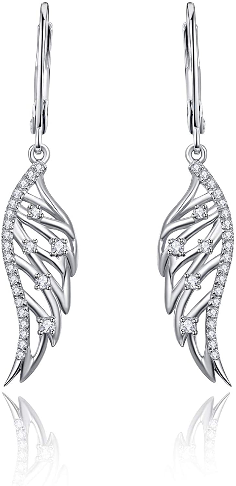 Women'S Angel Wings Sterling Silver Leverback Dangle Earrings with Cubic Zirconia Hypoallergenic Jewelry