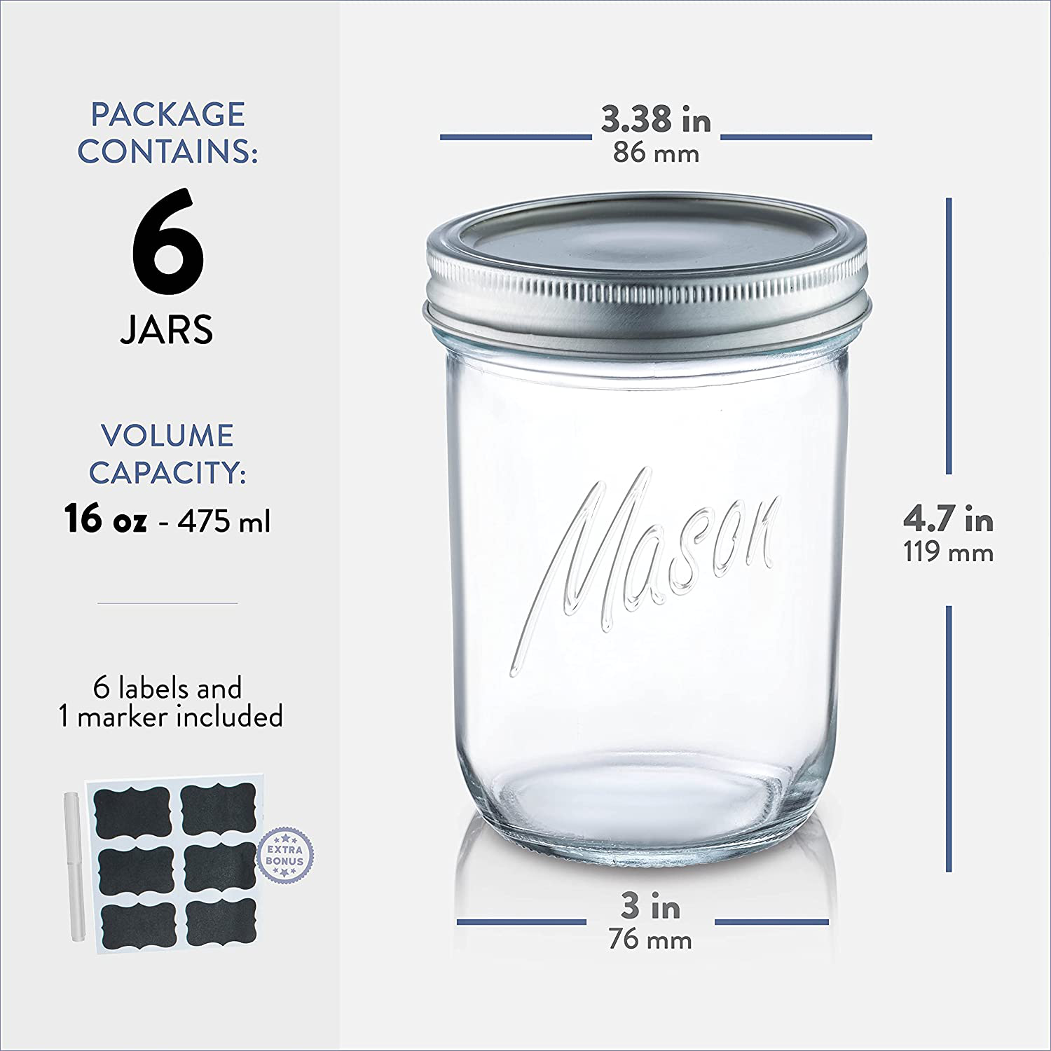 Wide-Mouth Glass Mason Jars, 16-Ounce (12-Pack) Glass Canning Jars with Silver Metal Airtight Lids and Bands with Chalkboard Labels, for Canning, Preserving, Meal Prep, Overnight Oats, Jam, Jelly,