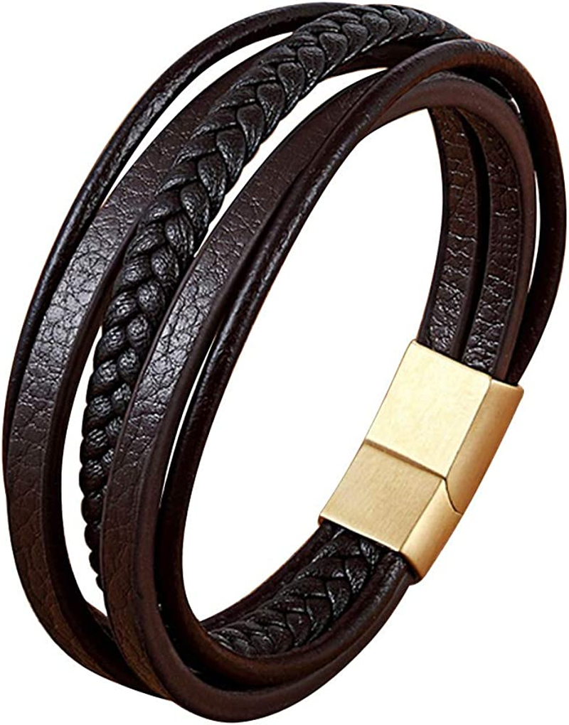 Multi-Layer Braided Leather Bracelets with Magnetic Clasp Mens Cuff Bracelets for Men Genuine Leather Bracelet Christian Leather Bracelet Cross Religious Leather Bracelets