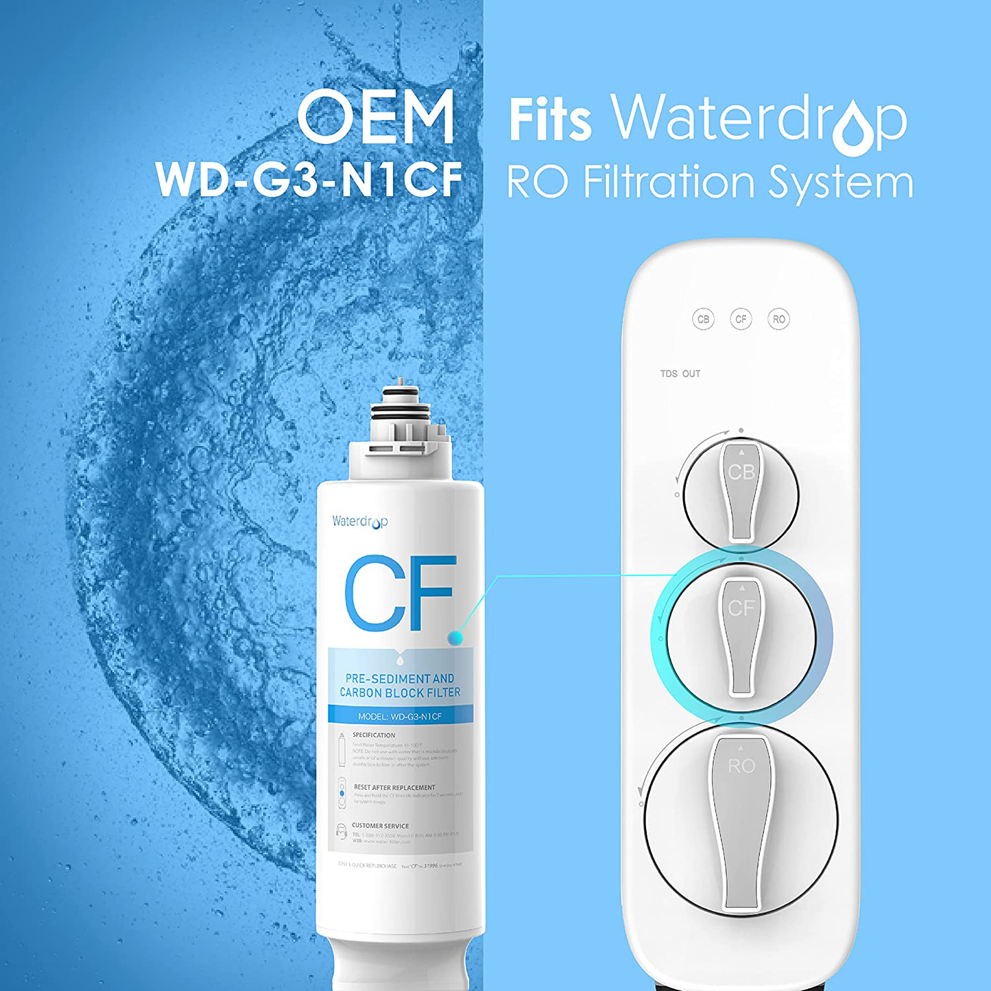 Waterdrop WD-G3-N1CF Filter, Replacement for WD-G3-W Reverse Osmosis System, 6-month Lifetime