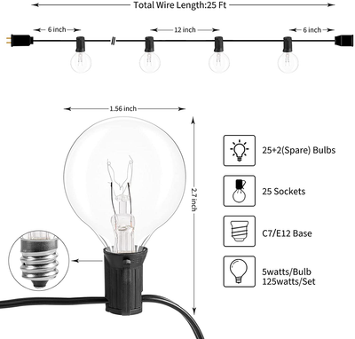 25Feet G40 Outdoor Patio String Lights-Connectable Globe Lights with 27 Clear Bulbs(2 Spare), UL Listed Backyard Lights for Indoor Outside Commercial Decor, 25 Sockets, E12 Base, 5W Bulb, Black