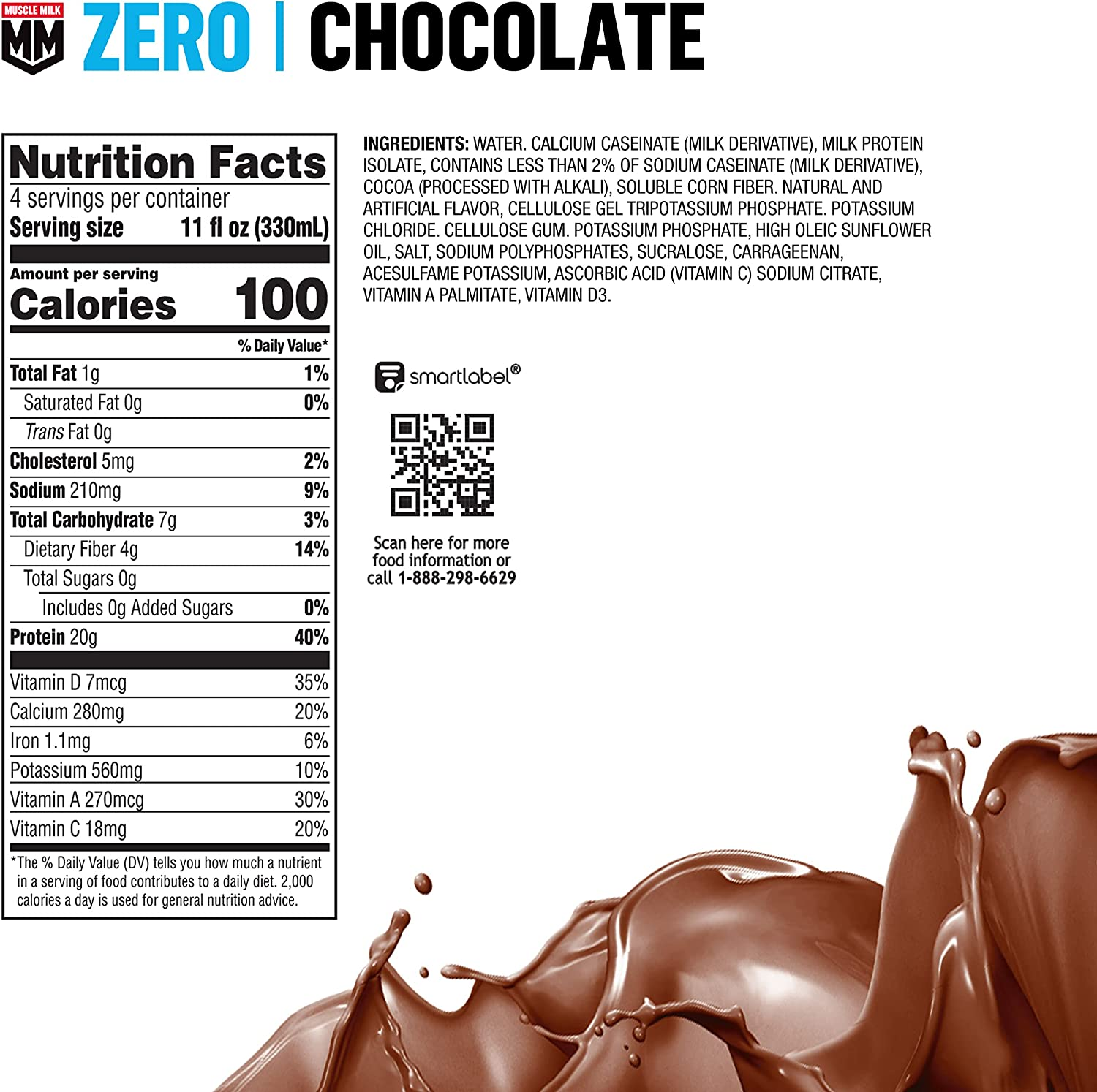 Muscle Milk Zero Protein Shake, Chocolate, 11 Fl Oz Carton, 12 Pack, 20G Protein, Zero Sugar, 100 Calories, Calcium, Vitamins A, C & D, 4G Fiber, Energizing Snack, Workout Recovery, Packaging May Vary
