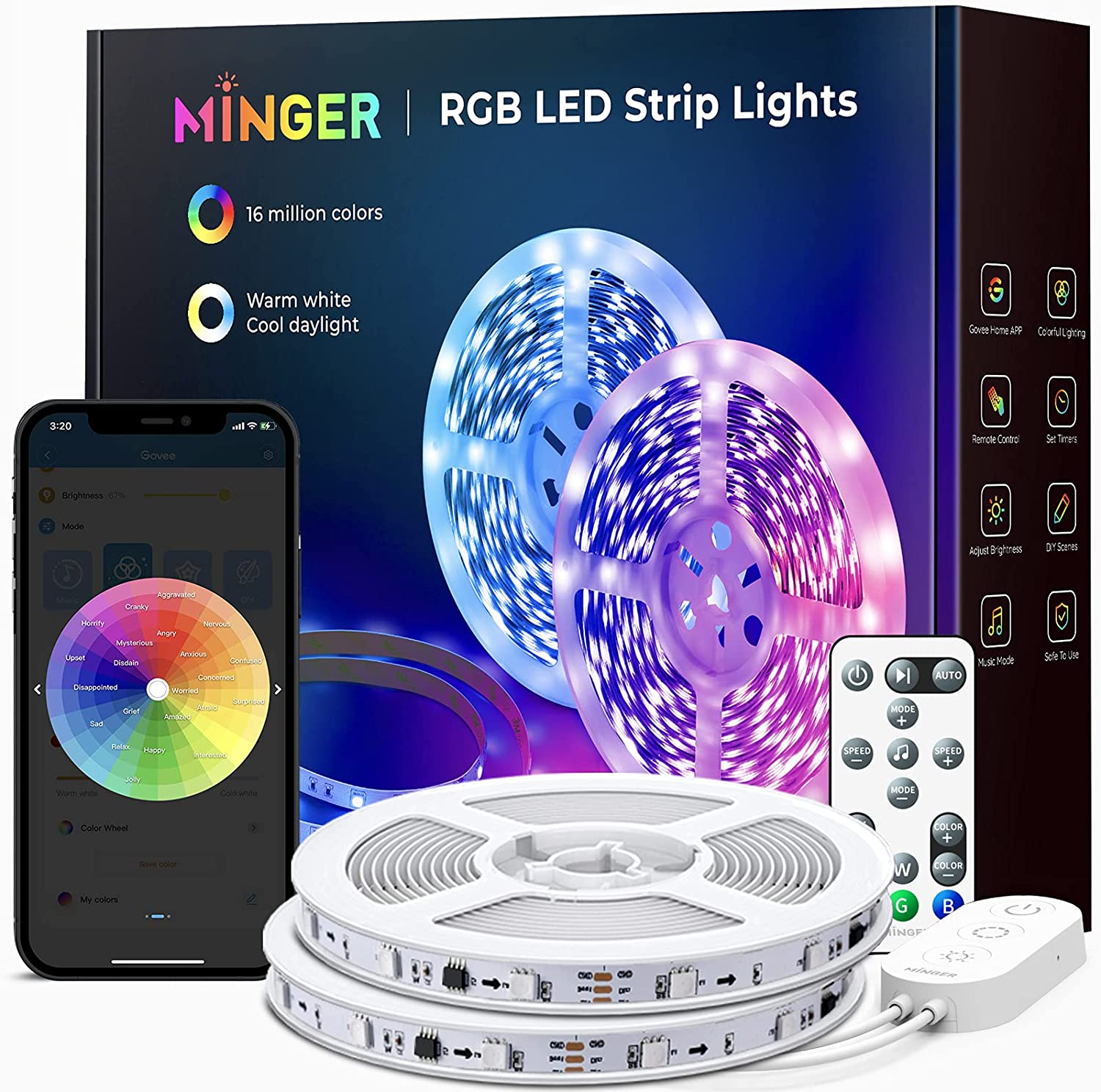 LED Strip Lights Bluetooth, Music Sync LED Lights with App Phone, Remote, Control Box, RGB Color Changing Lights with 64 Scenes Modes, DIY for Room, Bedroom, Kitchen, TV, Office, Party