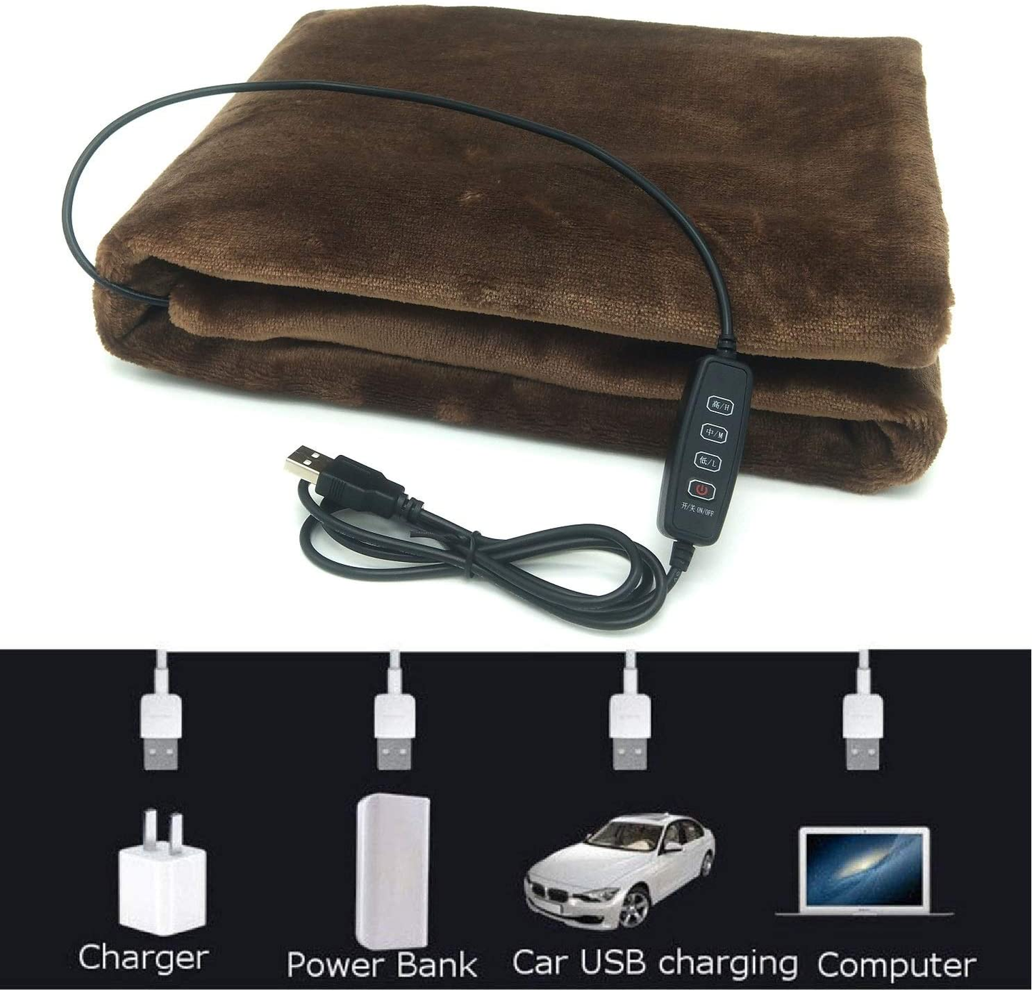 Sole-Go USB Electric Heating Shawl Electric Flannel Blankets Heated Throws 5V/2A - 3 Heating Settings for Car Office Home 34" X 23" (Coffee)