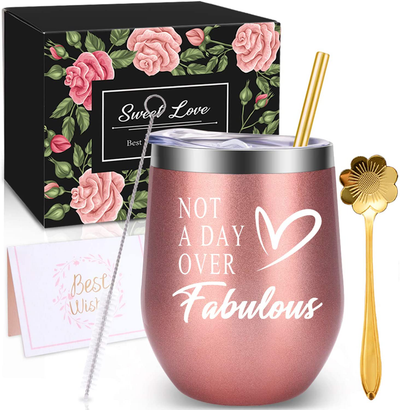 WONDAY Gifts for Women-Birthday Gifts for Women-Wine Gifts Ideas for Women, Mother, BFF, Mom, Friends, Wife, Daughter, Sister, 12 OZ Stainless Steel Wine Tumbler with Lid and Coffee Spoon (RoseGold)