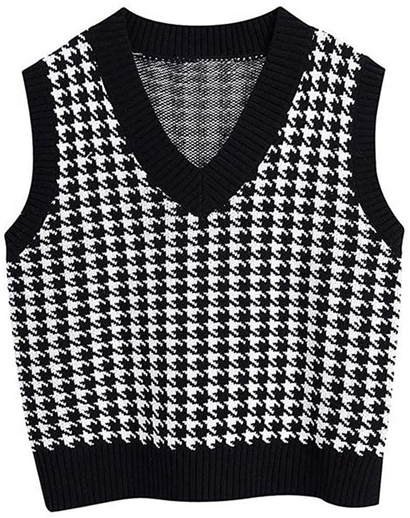 Jlihang Oversized Houndstooth Knitted Vest Sweater Vintage V Neck Loose Sleeveless Sweater