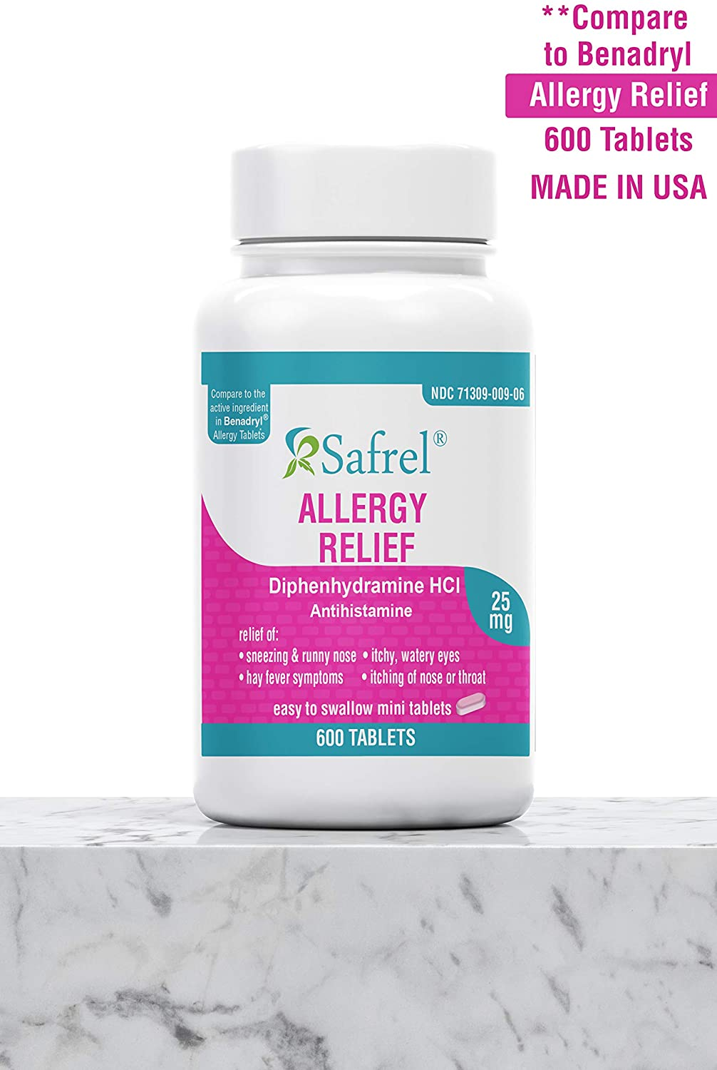 Safrel Allergy Relief Medicine (600 Minitabs) Diphenhydramine Hcl 25 Mg | Compare to Active Ingredient of Benadryl® Allergy Antihistamine Tablets | for Seasonal or Indoor & Outdoor Allergies