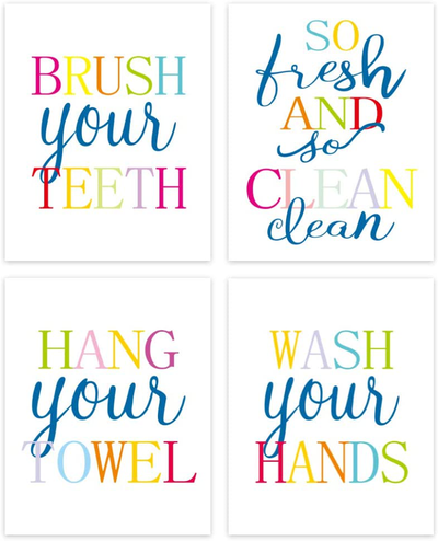 Funny Bathroom Quote&Saying Art Print Watercolor Lettering Sign Wall Art Painting Poster ,Colorful Bathroom Rules Typography Cardstock Poster For Kids Washroom Decor (set of 4, 8’’ x 10’’ ,Unframed)
