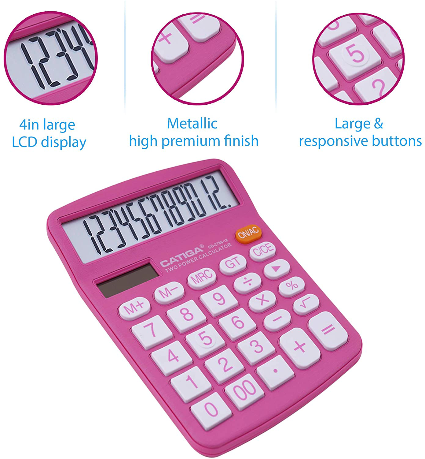 Desktop Calculator 12 Digit with Large LCD Display and Sensitive Button, Solar and Battery Dual Power, Standard Function for Office, Home, School, CD-2786 (Pink)