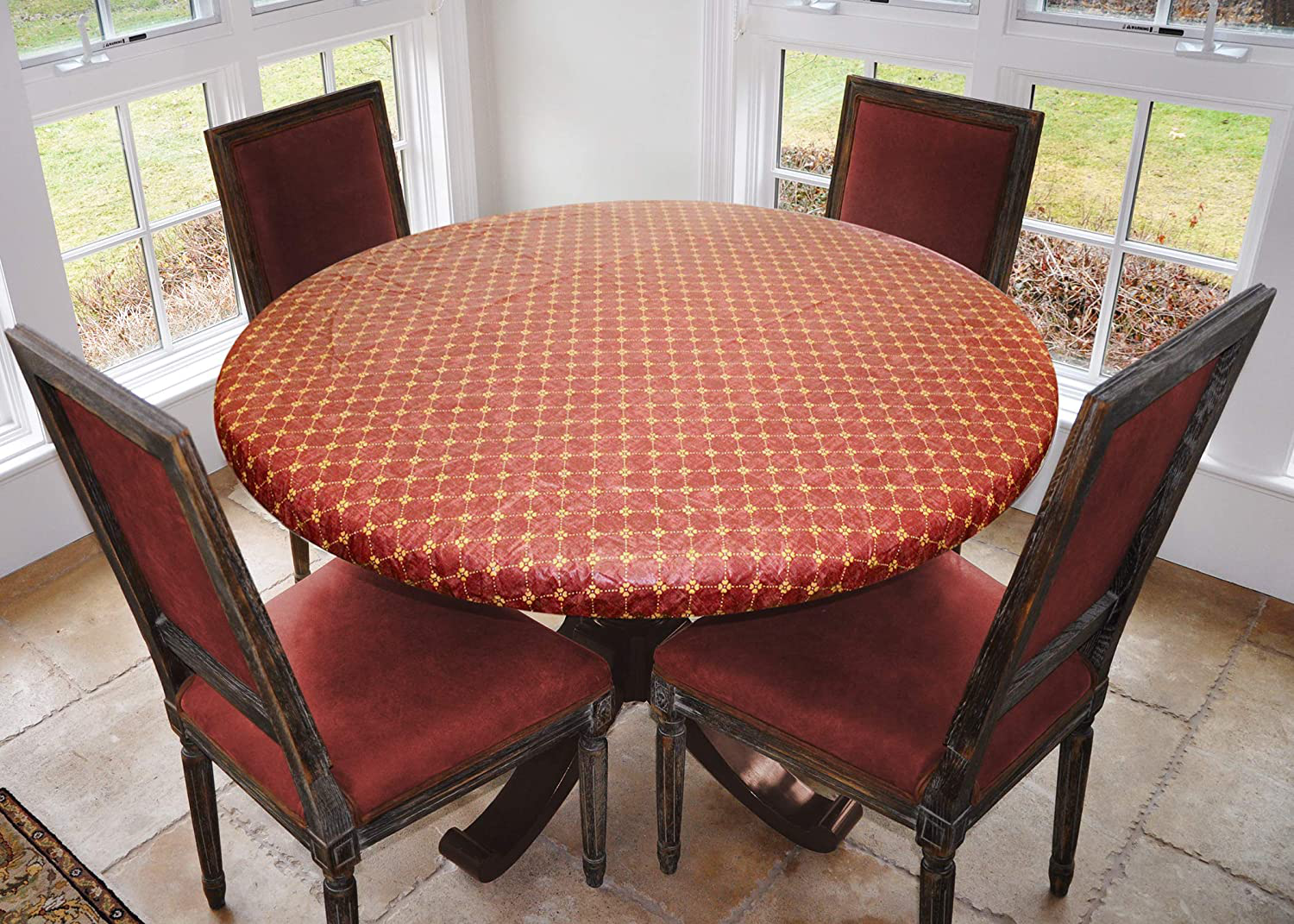 Covers For The Home Deluxe Elastic Edged Flannel Backed Vinyl Fitted Table Cover - Antique Fruit Pattern - Small Round - Fits Tables up to 40" - 44" Diameter