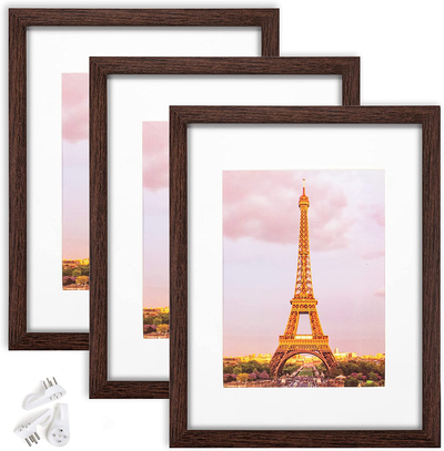 upsimples 8.5x11 Picture Frame Set of 3,Made of High Definition Glass for 6x8 with Mat or 8.5x11 Without Mat,Wall Mounting Photo Frame Dark Brown