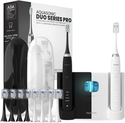 Ultra Whitening 40,000 VPM Electric Smart ToothBrushes - UV Sanitizing & Wireless Charging Base - 10 ProFlex Brush Heads & 2 Travel Cases