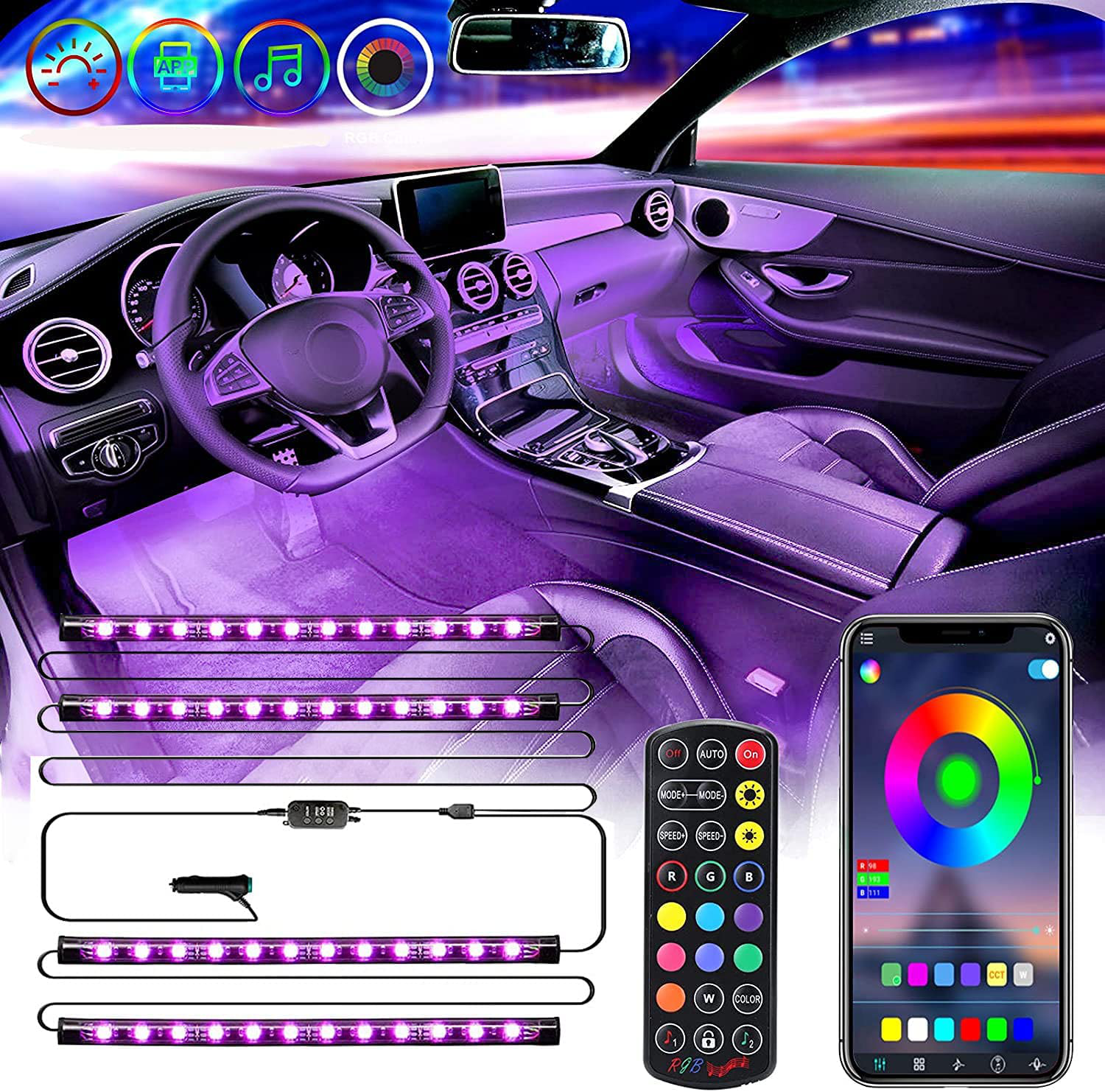 Interior Car Lights 2 Lines Design 16 Million Colors DIY Multicolor Music Sync Mode Car Lighting with APP Control and Remote Control led Light for car DC 12V
