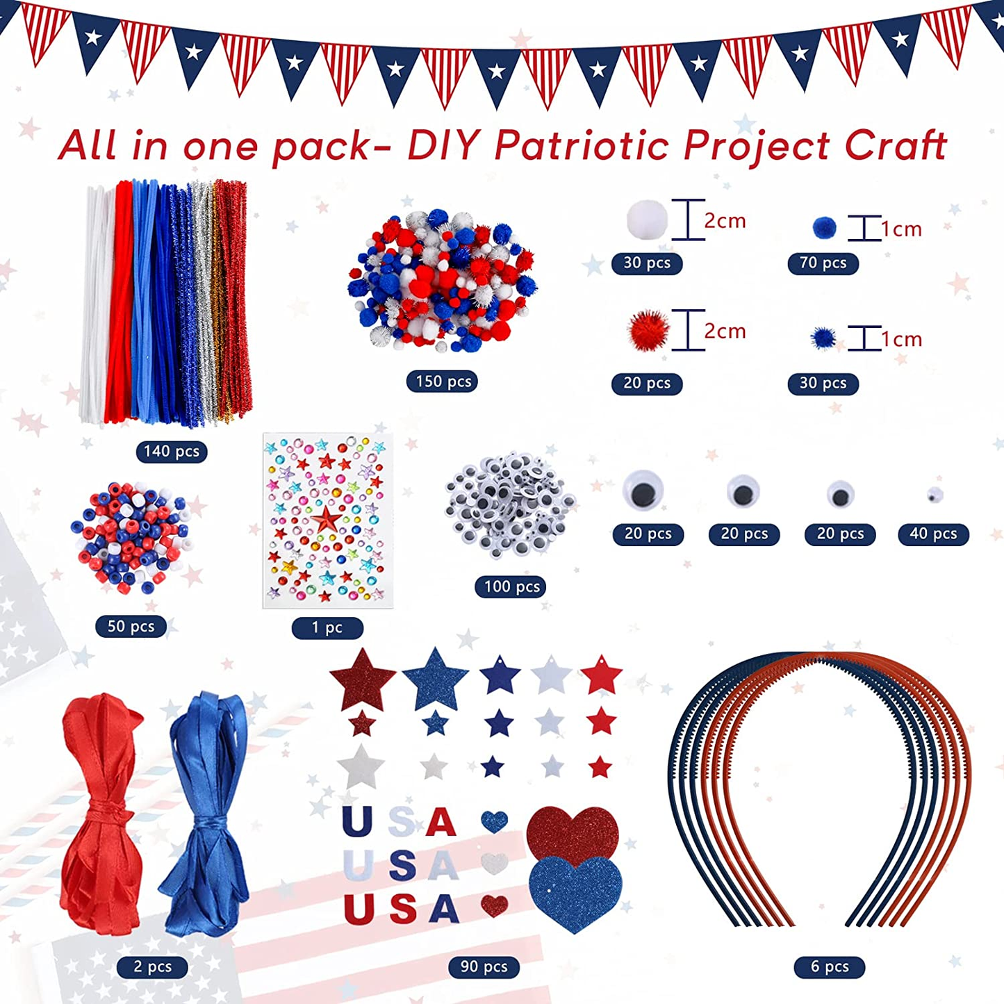 539 PCS Patriotic Headband Kit, 4Th of July Headband Ornament Set Independence Day Hair Decor Crafts for Kids Party Favors Decorations