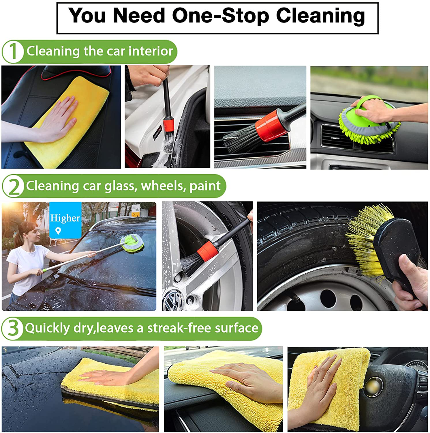 GreatCool 4Pcs Car Wash Brush Kit,Car Wash Mop Mitt with 44.5" Aluminum Long Handle,Car Wash Brush for Wheel Pedal and Floor Mat,Detailing Brush,Car Detailing Towel for Washing Automotive Truck RV