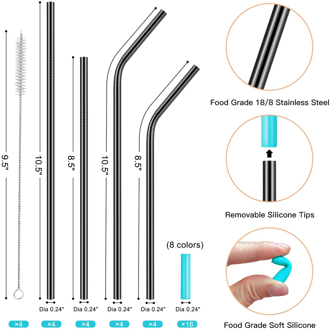 Reusable Metal Straws with Silicone Tip & Travel Case & Cleaning Brush,Long Stainless Steel Straws Drinking Straw for 20 and 30 oz Tumbler