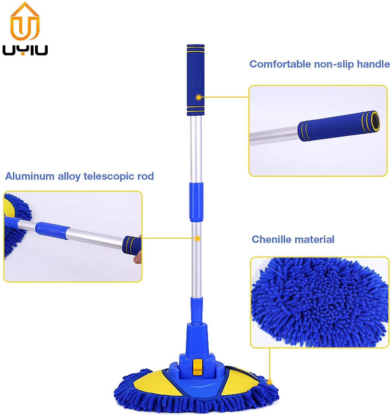 UYIU Chenille Microfiber Car Wash Mop Mitt,Car Duster from Interior or Exterior of Car,Car Wash Brush with Retractable and Comfortable Handle, Car Cleaning Brush Non Scratch