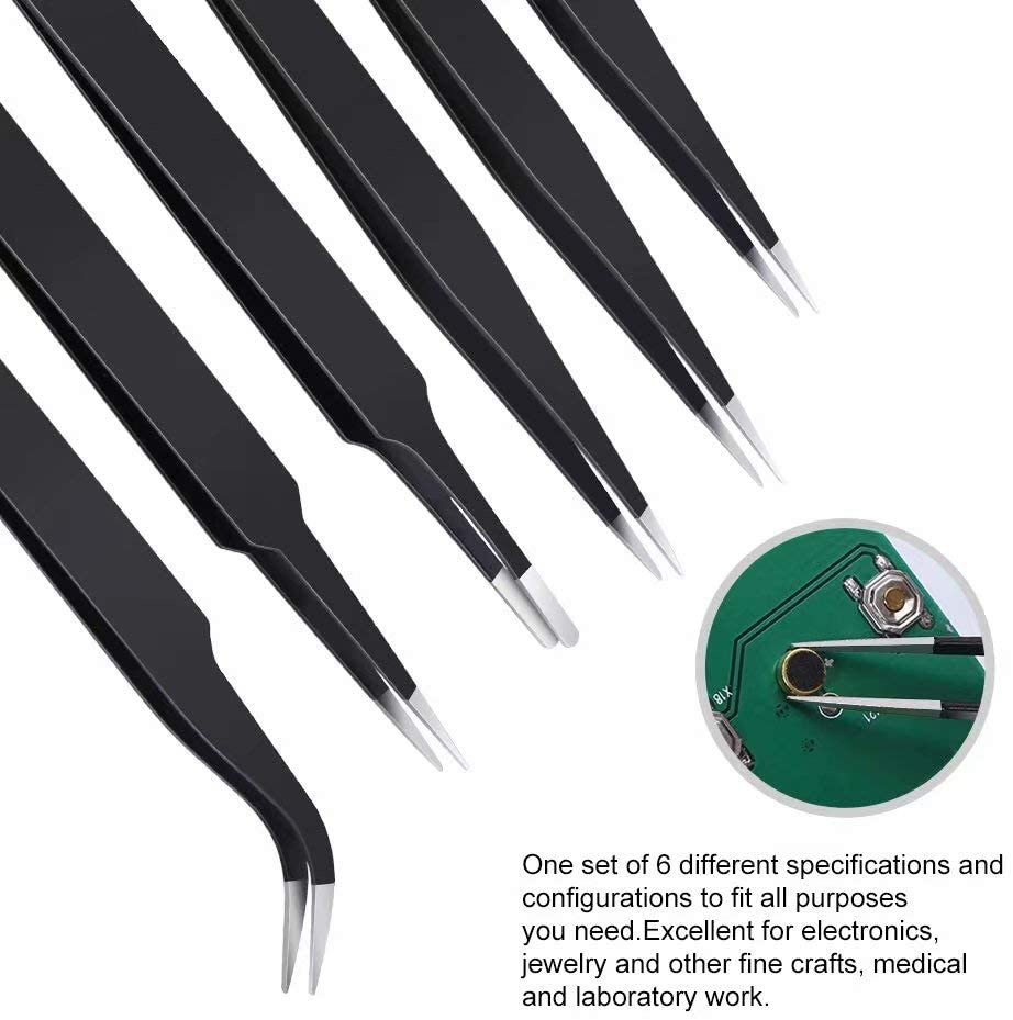 6PCS Precision Tweezers Set, Upgraded Anti-Static Stainless Steel Curved of Tweezers, for Electronics, Laboratory Work, Jewelry-Making, Craft, Soldering, etc, by KAVERME.