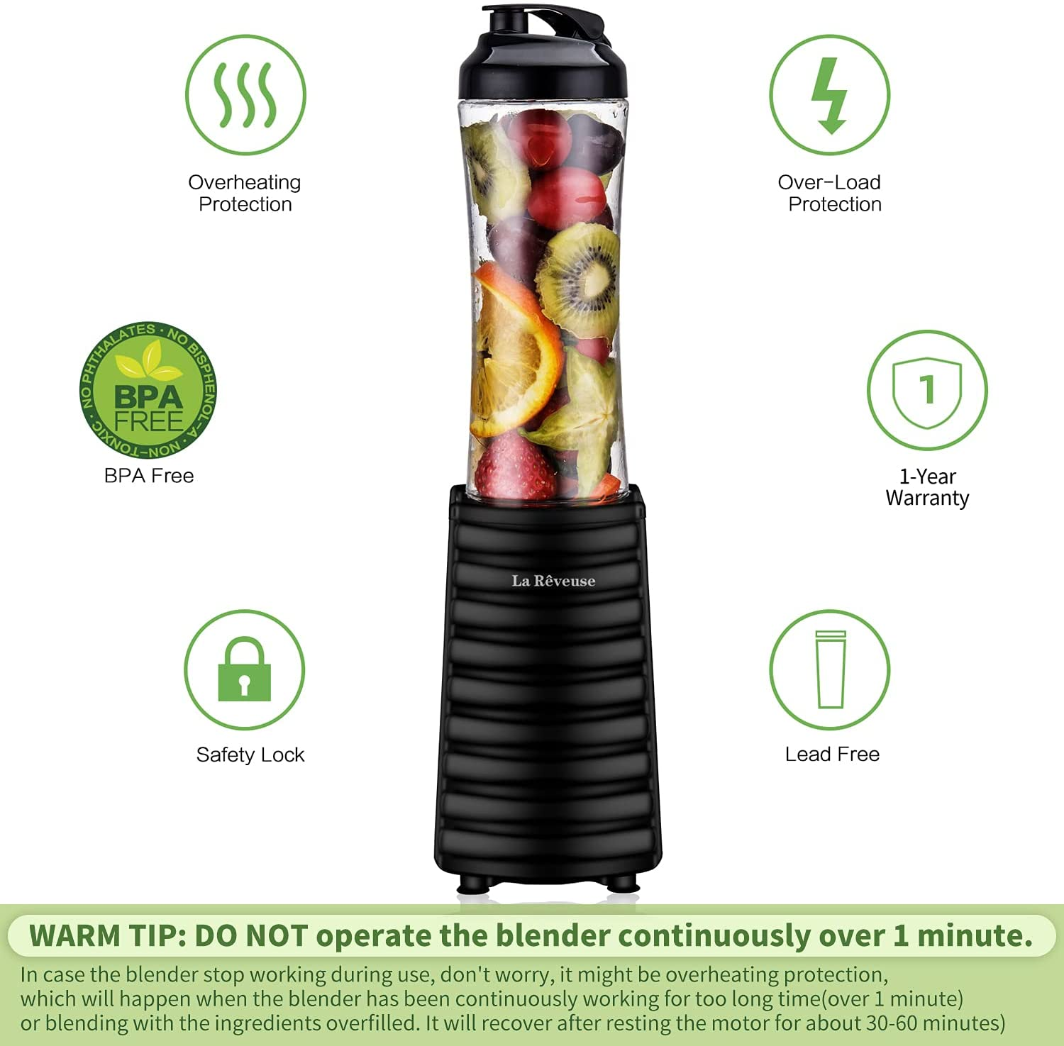 La Reveuse Smoothies Blender 300 Watt with 18 Oz BPA Free Portable Travel Sports Bottle (Black)