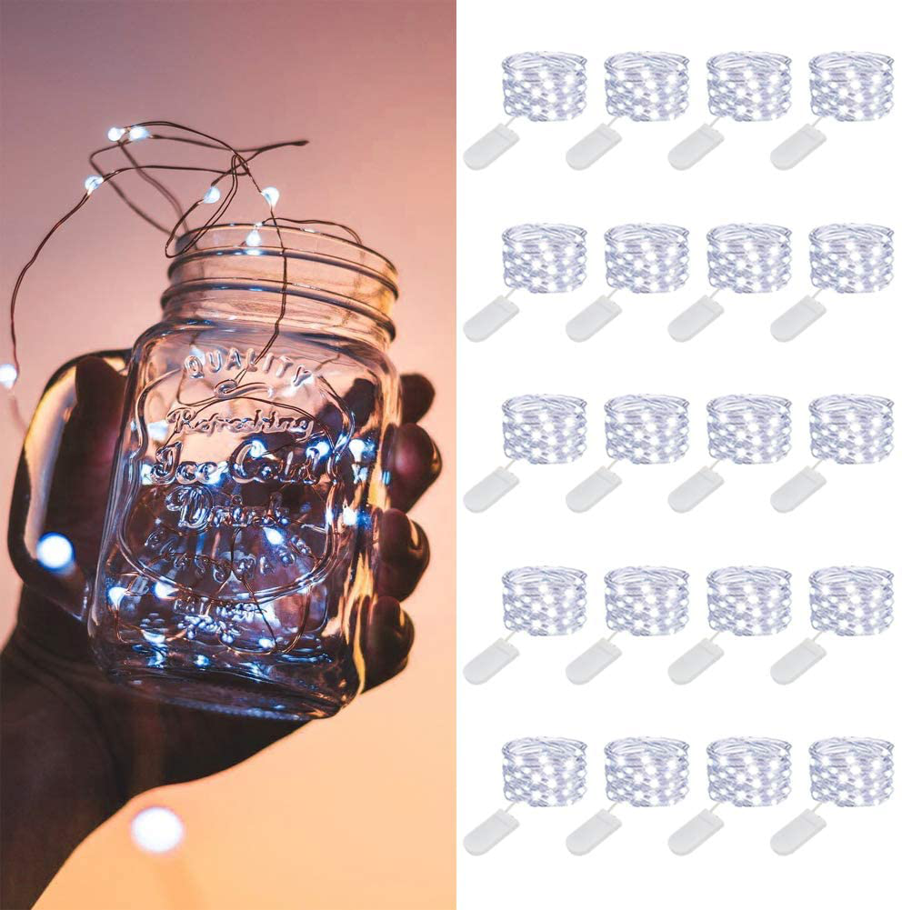 MUMUXI 20 Pack Fairy Lights Battery Operated, 3.3ft 20 LED Mini Waterproof Fairy String Lights Silver Wire Firefly Starry Lights for DIY Wedding Party Mason Jars Crafts Christmas Decoration,Cool White