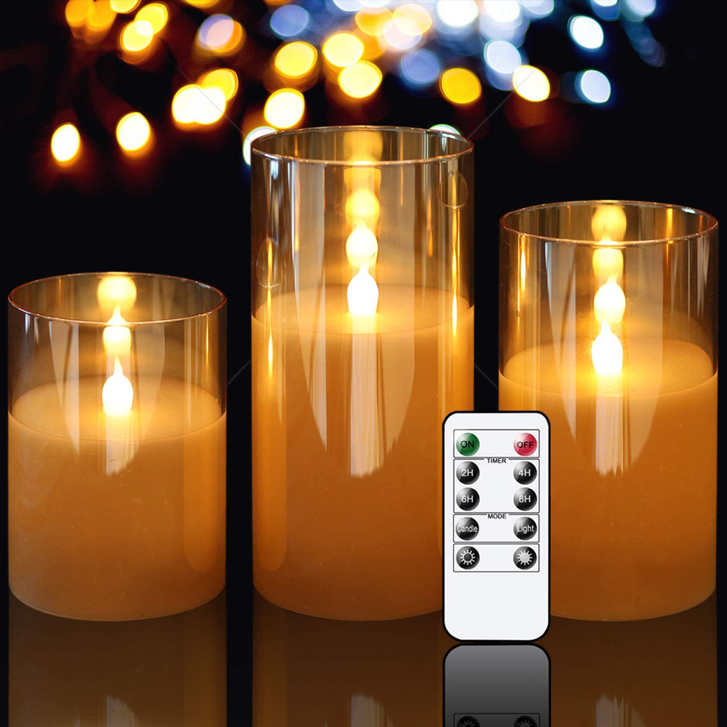 Genswin Gray Glass Battery Operated Flameless Led Candles with 10-Key Remote and Timer, Real Wax Candles Warm White Flickering Light for Home Decoration(Set of 3)