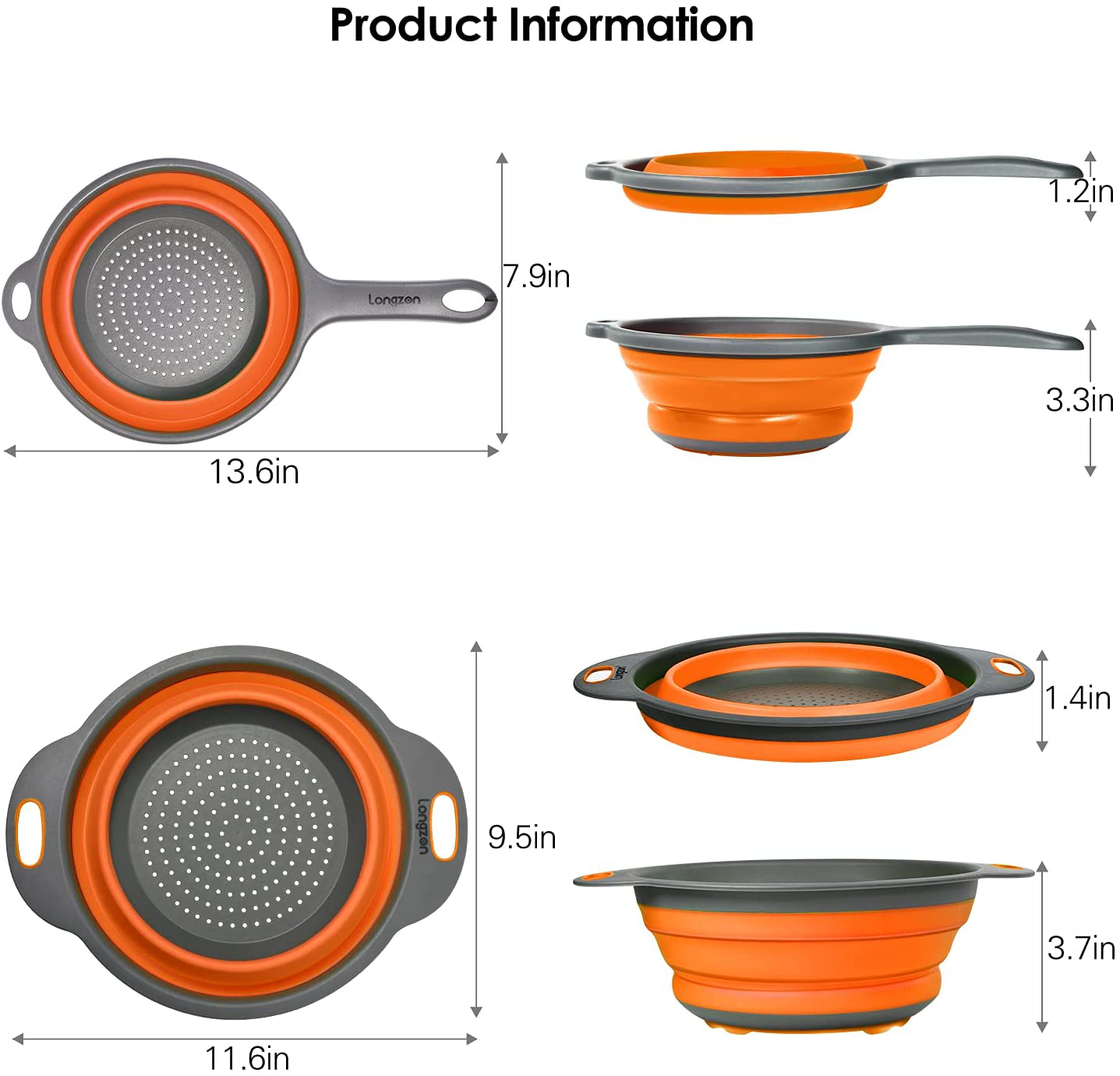 Longzon Collapsible Silicone Colanders and Strainers [2 Piece Set], Diameter Sizes 8'' -2 Quart and 9.5" -3 Quart, Pasta Vegetable/Fruit Kitchen Mesh Strainers with Extendable Handles Orange and Grey