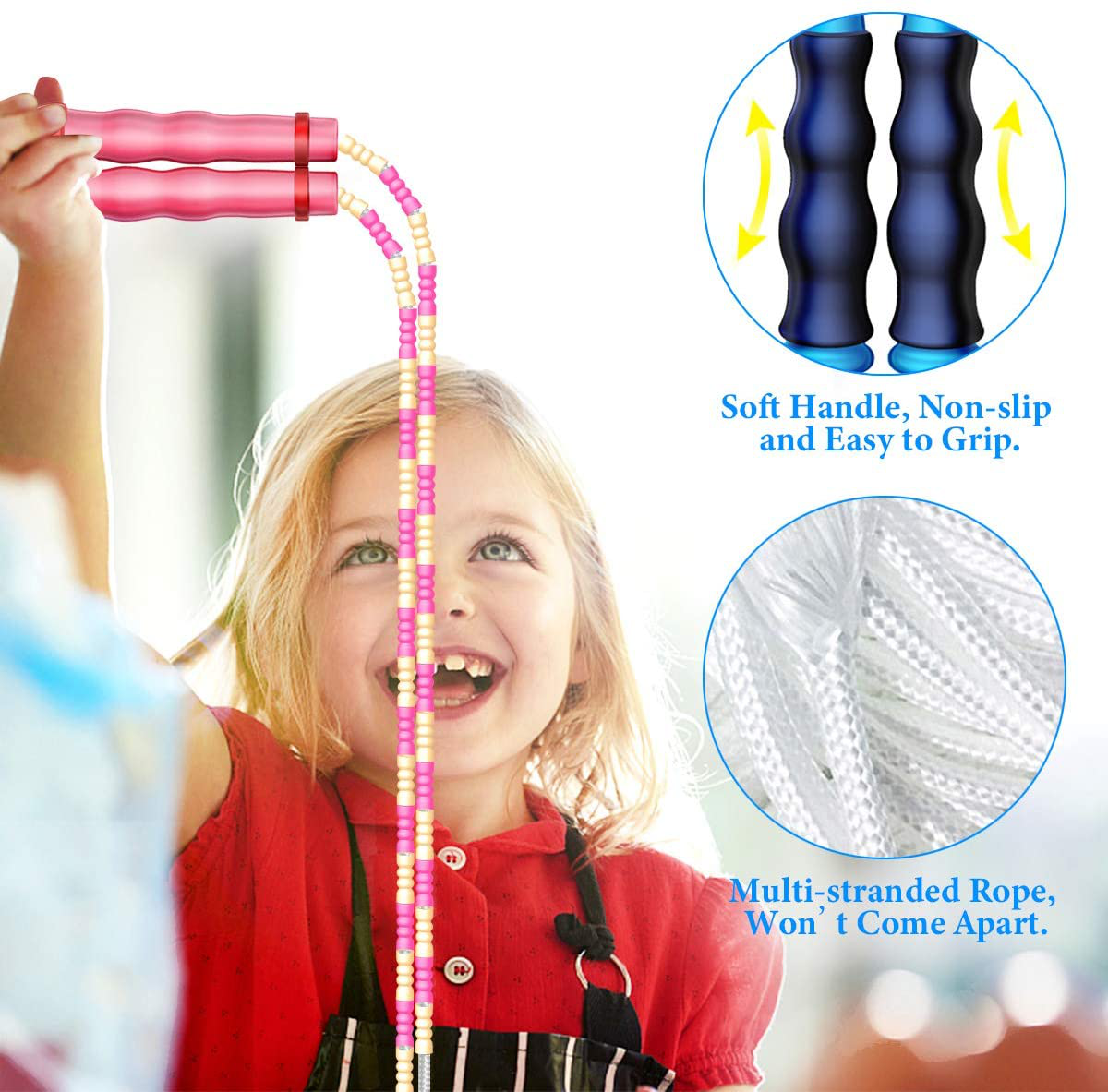 Jump Rope Kids, Wekin Soft Beaded Skipping Rope Kids Girls Boys, Tangle-Free Segmented Adjustable for Women Men, Kids Exercise Equipment for Keeping Fit, Workout, -9.8 Ft 2 Pack (Pink+Blue)