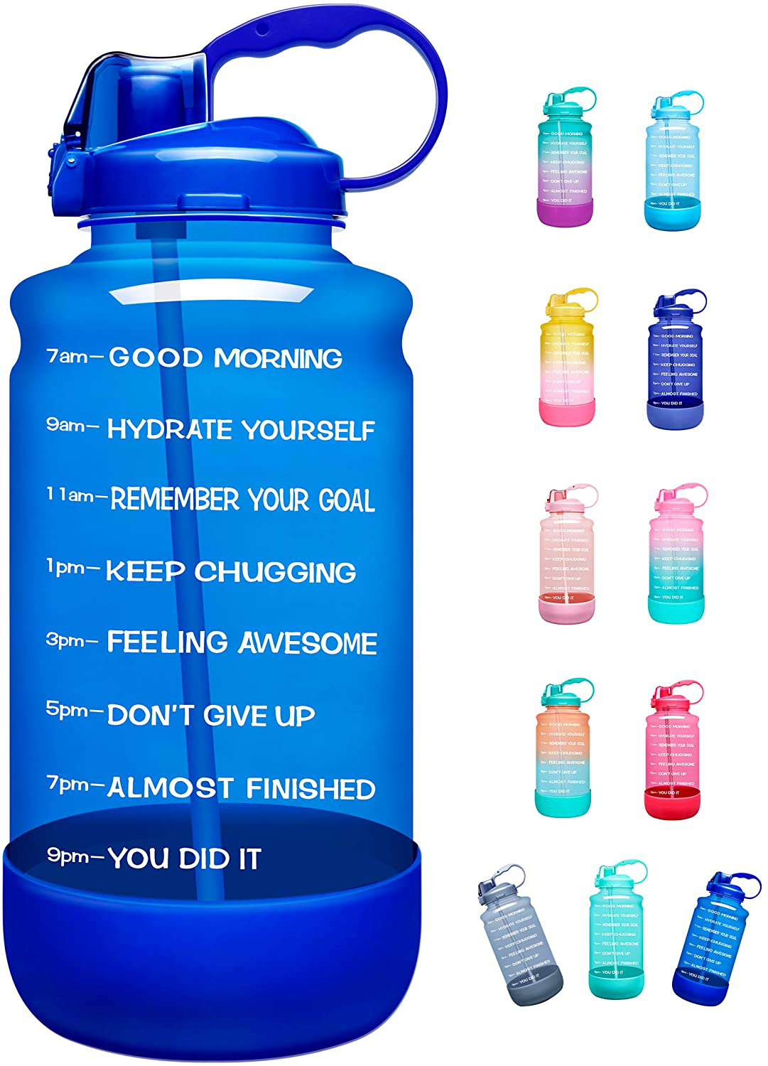 Elvira Half Gallon/64oz Motivational Time Marker Water Bottle with Straw & Protective Silicone Boot, BPA Free Anti-slip Leakproof for Fitness, Gym and Outdoor Sports