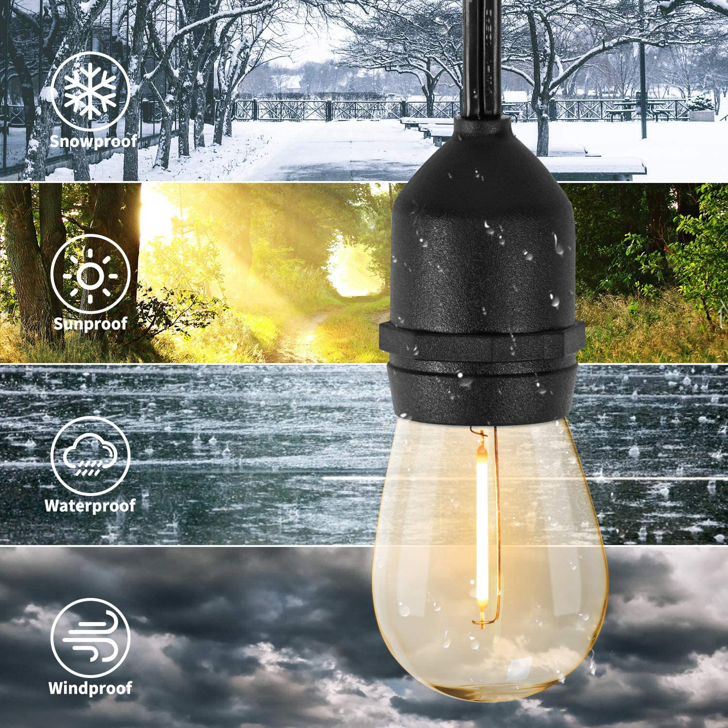 S14 Solar String Lights Outdoor 34Ft Patio Lights with 15 Shatterproof LED Bulbs, Solar & USB Charging with 4 Lighting Modes, Heavy Duty Weatherproof Strand for Backyard Garden, 2700K
