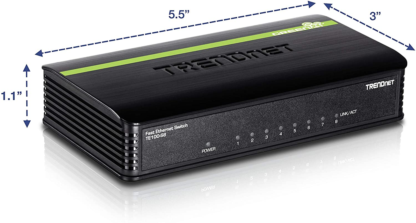 Trendnet 8-Port Unmanaged 10/100 Mbps Greennet Ethernet Desktop Switch, TE100-S8, 8 X 10/100 Mbps Ethernet Ports, 1.6 Gbps Switching Capacity, Plastic Housing, Network Ethernet Switch, Plug & Play Black